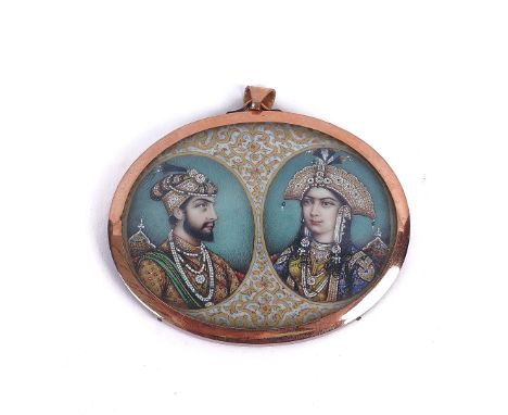 INDIAN SCHOOL: A MINIATURE DOUBLE PORTRAIT OF SHAH JAHAN AND HIS CONSORTOval, 5.8cm x 4.4cm