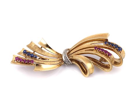 AN 18CT GOLD, SAPPHIRE, RUBY AND DIAMOND SET BROOCHDesigned as a bow, the central panel set with circular cut diamonds, to te