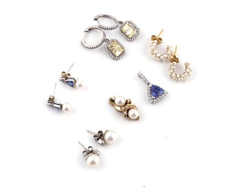 SEVEN ITEMS OF JEWELLERY (7)Comprising; a pair of 9ct white gold, sapphire, diamond and cultured pearl earrings, a pair of wh