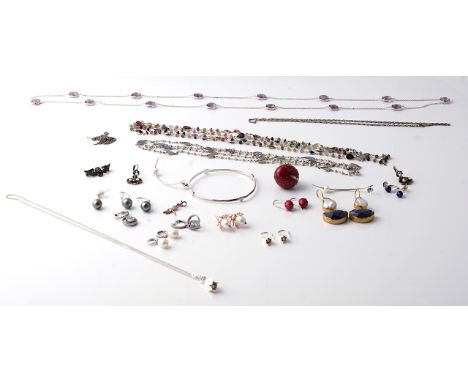 A GROUP OF MOSTLY SILVER JEWELLERY (23)Comprising; an amethyst necklace, two gem set necklaces, an enamelled pendant with a m