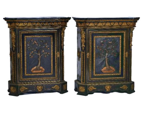 WNAI - A PAIR OF MID-19TH CENTURY NAPOLEON III ORMOLU MOUNTED EBONISED AND PIETRA DURA SIDE CABINETS (2)Each with a black sla