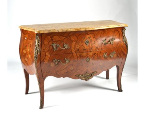 A LOUIS XV STYLE MARQUETRY COMMODEWith serpentine giallo marble top over a gilt-metal mounted floral marquetry inlaid tulipwo