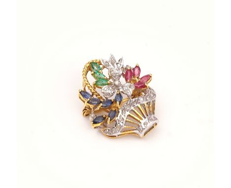 A GOLD AND GEMSTONE SET BASKET OF FLOWERS BROOCHMounted with diamonds and marquise shaped emeralds, rubies and sapphires, det