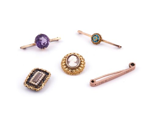 FIVE BROOCHES AND PINS (5)Comprising; a gold, black enamelled and seed pearl shaped rectangular mourning brooch, detailed 'In
