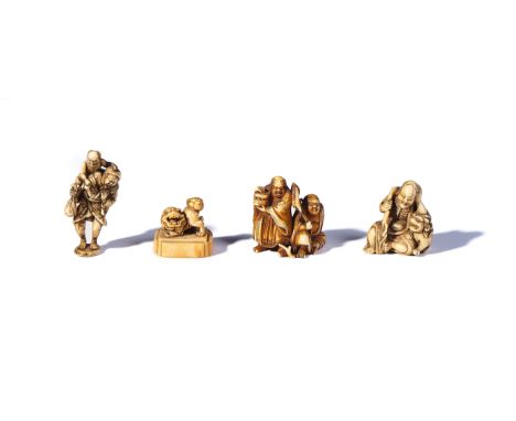 FOUR JAPANESE IVORY NETSUKE (4)Edo/Meiji periodComprising; a seated emaciated man with shishi, 4cm high; a standing and seate