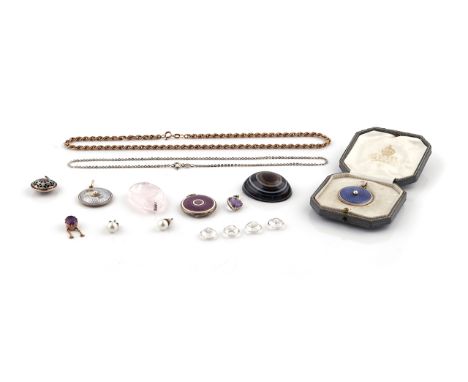 SIX PENDANTS AND LOCKETS, TWO CHAINS AND  SEVEN FURTHER ITEMS (15)Comprising; a lilac coloured enamel and seed pearl circular