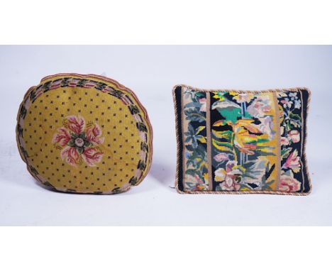 WNAI - TWO TAPESTRY CUSHIONS (2)Including one round yellow tapestry cushion, 44cm diameter, together with another tapestry/em