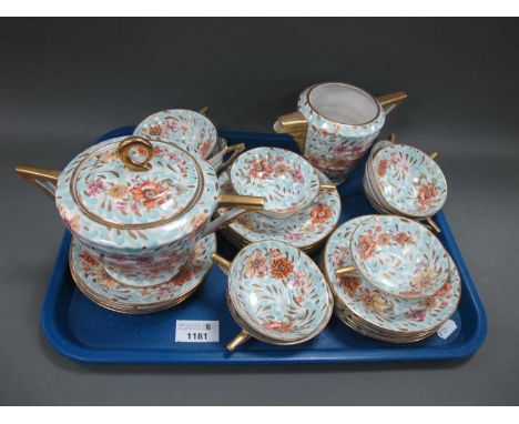 Limoges Chapus et Fils, Porcelain Part Tea Service, comprising milk jug, sugar basin and eleven saucers, ten cups.