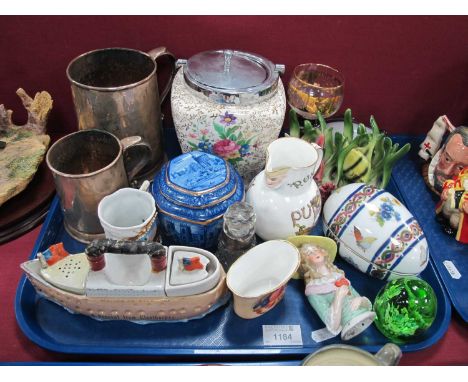 Silver Plated Tankards, midwinter biscuit jar, Aynsley card holder, coalport jug, etc:- One Tray.