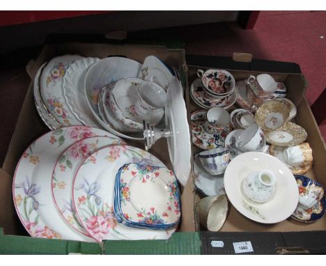 Old Foley Cake Stand, Royal Albert plates, XIX Century cup and saucer, XIX Century Davenport cup and saucers:- Two Boxes.