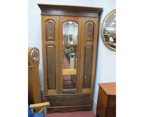 Early XX Century Walnut Wardrobe, with a stepped pediment, single mirror door, single drawer, on bracket feet, 101cm wide x 9