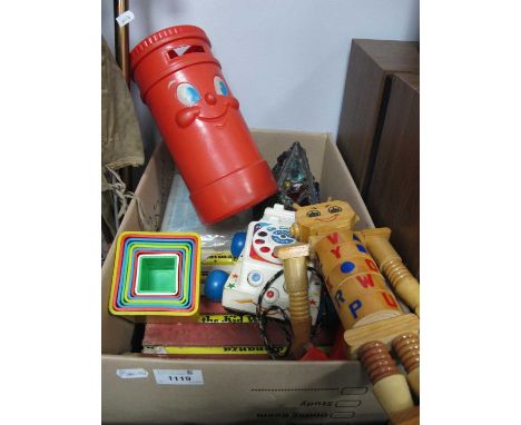 Annuals, la mp, Fisher Price telephone, Mothercare post box, Featherwate shooting stick, fishing rods.