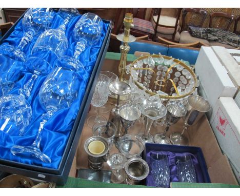 Table Lamp, boxed drinking glasses, plated goblets, candlesticks, etc.