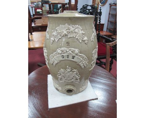 A Victorian 'Gin Barrel', profusely decorated with coat-of-arms, knghts on horses, grapevines, etc, 37cm high.