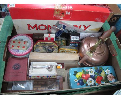 Copper kettle, Parker Jotter pen set, various playing card sets, dominoes, Cribbage, dice, Monopoly, tins etc. One Box