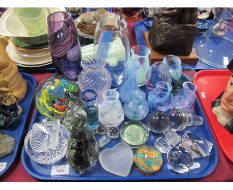 Caithness and Similar Vases, Waterford ashtray and butterfly, cat figure, paperweights:- One Tray.