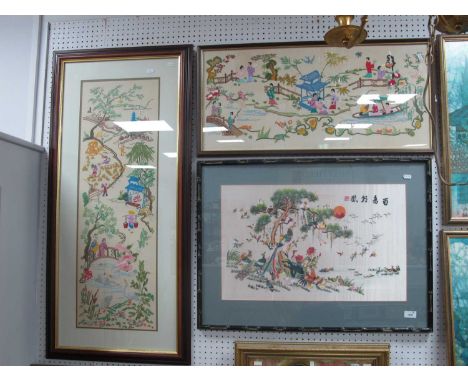 XX Century Japanese Silk Tapestry, decorated with birds, a peacock, together with two Japanese woolwork tapestry pictures (3)