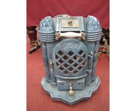 Deville Art Deco 'Cristal Stove', 'Lent Moyen Vie', with blue ceramic frontage, white ceramic pull handle, lattice glazed doo