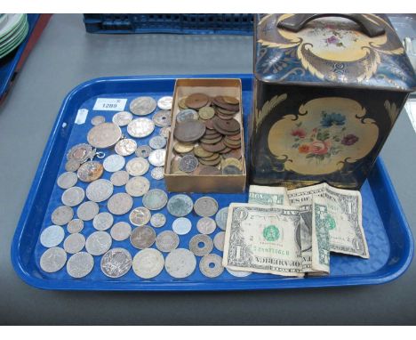 Collection Of GB And World Coinage, including a USA 1921 silver 'Morgan' Dollar, mixed world silver coins, a silver medal, tw