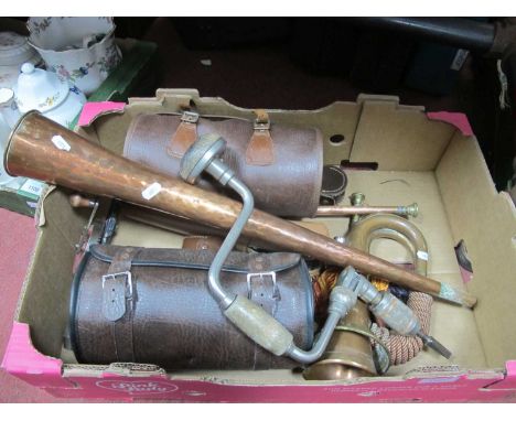 Crown Green Bowls. Stanley hand drill No 73-101N, XIX Century copper hunting horn, etc:- One Box.