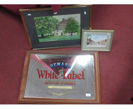 Dewars White Label Scotch Whisky Advertising Mirror, 40 x 58. Lesley Oliver, watercolour 'Marlow High Street, 13 x 18. J. Mie