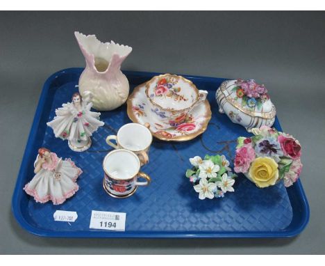 Hammersley Cabinet Cup and Saucer, Worcester vase and mini tyg, Derby Imnari mini mug, Dresden figures, etc:- One Tray.