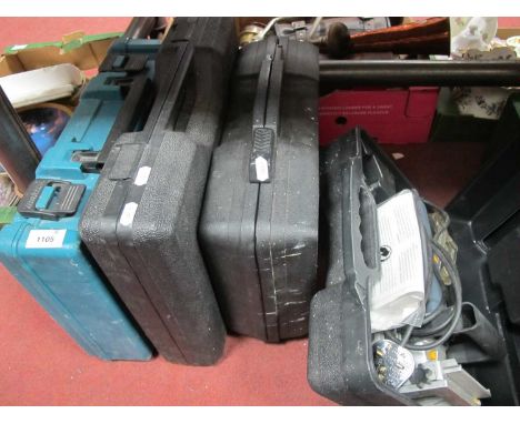 Tools - Makita Drill, Trend Router, Power G Biscuit Jointer, Blackspur Hammer Drill, all in cases, (untested sold for parts o