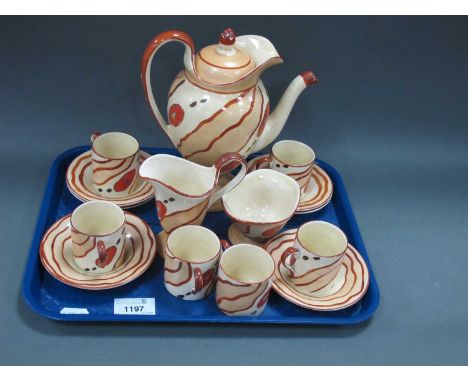 Art Deco 1930's Bursley Ware Charlotte Rhead, Dora Tennant style hand painted coffee service of fifteen pieces, including cof