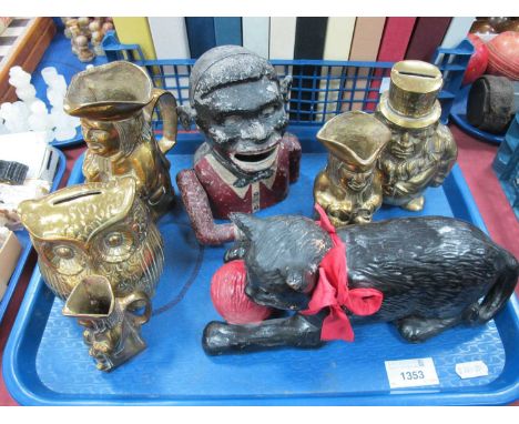 Starkies Patent Money Box, Brass Transvall money box, brass monkey box of an owl, pottery black cat with a red ball. A set of