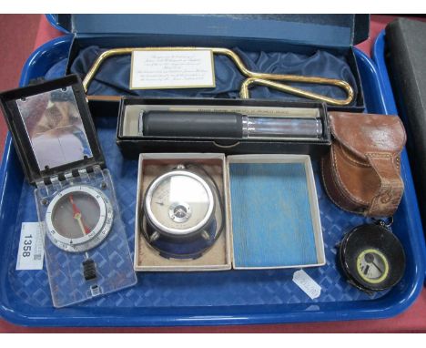 Otis Scale No 414 Cylindrical Pocket Calculator, black lacquer pocket compass in leather case. Voltmeter, Silva ranger, prese