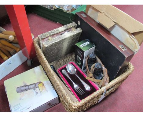 Cutlery, Ultra zoom, monocular, morse code records, Boussod binoculars, geometry items etc, in basket