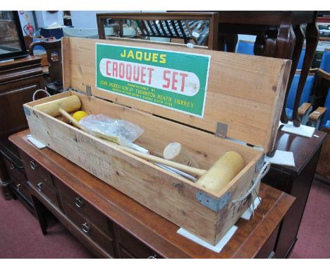 Jacques Croquet Set, comprising four mallets, balls, hooks, mallet, etc, in original box.