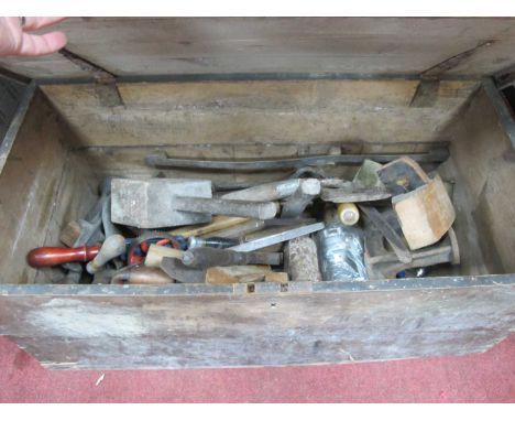 Pine Toolbox, including tools, hammers, block planes, mallet, etc.