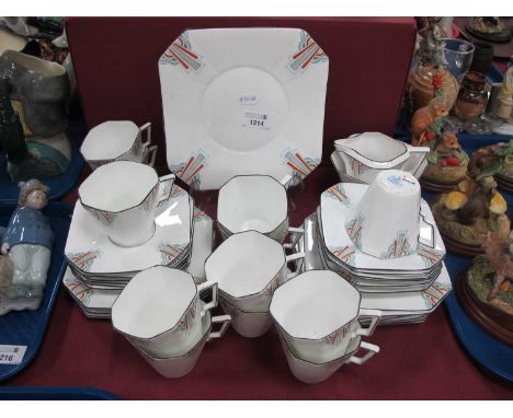 CWS Windsor China Art Deco Design China Tea Service, of thirty-nine pieces, angular handles to octagonal cups.