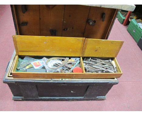 Tools - Box plane, Record plane, chisels, caliper, drill bits, etc, in ebonized chest.