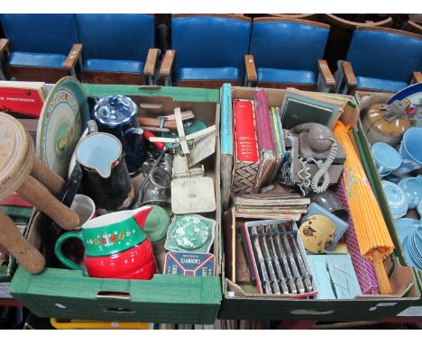 Cased Cutlery, books, stamps, parasol, brown plastic telephone on stand, scales and weights, stool, barge ware, tins, etc:- T