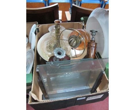 Royal Doulton Bowl, oil lamp with brass scroll base, pair of candlesticks, Chesterman tape measure, photo frames, etc:- One B