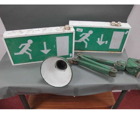 Green Painted Angle Poise Lamp, together with two 'exit' signs. (3).