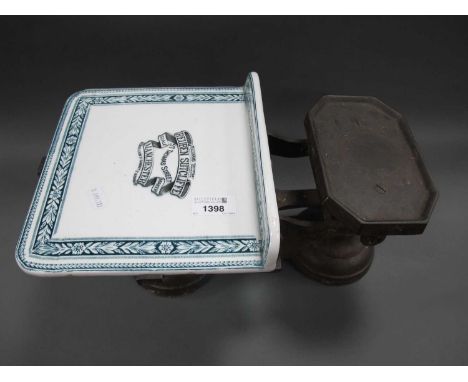 A Set of Victorian Shop Scales, with porcelain plate highly decorated with blue floral edging and maker's name "Reuben Sutcli
