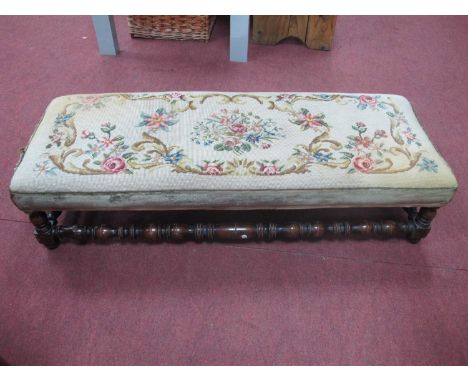 Early XX Century Rectangular Shaped Footstool, with an upholstered floral tapestry, top, on turned and block supports, united