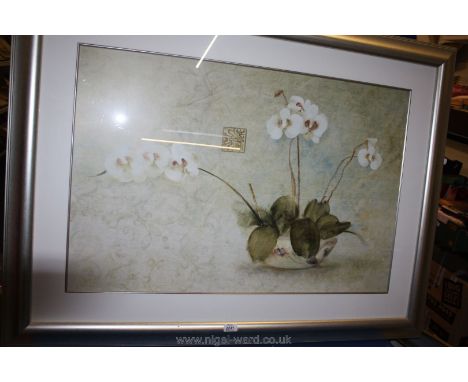 A large modern framed Print by Blum of Orchids in a Chinese bowl, 35'' x 23 1/2''.