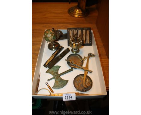 A box of brass curios including globe and 19th c. scales, etc.