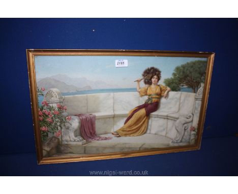A Victorian coloured Pears Print after Alma-Tadema in gilt frame of a woman sitting on a marble bench with a Peacock feather 
