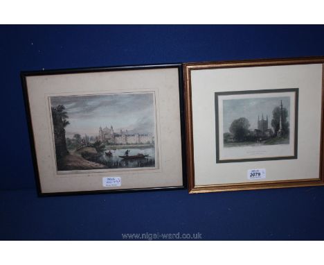 A Print of Hereford Cathedral from Castle Green and an untitled coloured Print showing a river, boatsman and castle