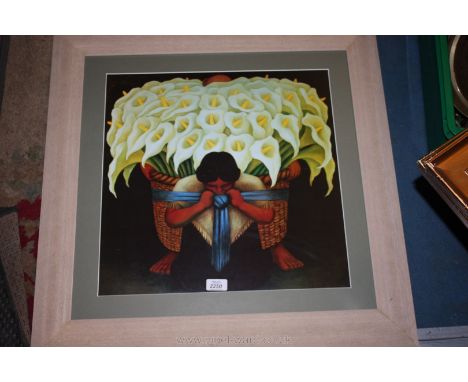 A framed and mounted Print of a lady with a huge basket of flowers strapped on her back