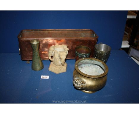A copper Planter, Chinese brass planter, Indian worked metalware beakers, etc.