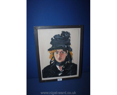 A framed Oil on board portrait of a lady in black, image size 30 x 40 cms