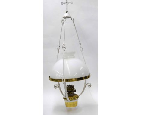 Brass and iron circular hanging oil lamp with a white opaque glass shade, 14" diameter