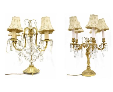 19th century style five branch gilt metal candelabrum, with prismatic glass drops and shades, 22" high; together with a anoth