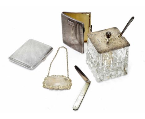 Two silver engine turned cigarette cases, silver decanter label, mother of pearl and silver folding fruit knife and a cut gla